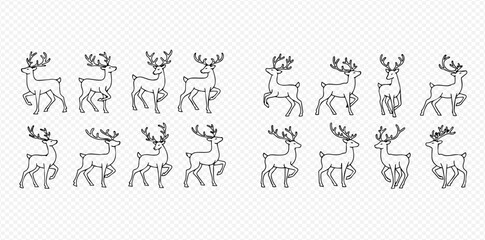Set of reindeer walk cycle animation frames for game or cartoon isolated on transparent background.