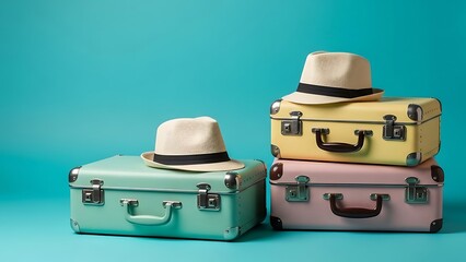 Charming stack of vintage pastel suitcases, each topped with a stylish hat, set against a vibrant turquoise background, symbolizing classic travel and vacation adventures