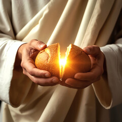 Divine Eucharist Miracle Glowing Light from Christ's Hand Breaking Holy Bread, Communion Sacrament, Spiritual Christian Faith