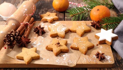 Festive Christmas Star Cookies Baking Preparation With Cinnamon And Oranges.