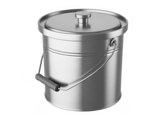 Brushed metal paint bucket with handle and lid isolated on a transparent background steel