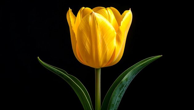 A vibrant, close-up shot features a bright yellow tulip with detailed petals, two green leaves against a stark black background