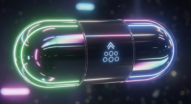 Futuristic capsule with neon lights and reflective surface abstract technology concept design