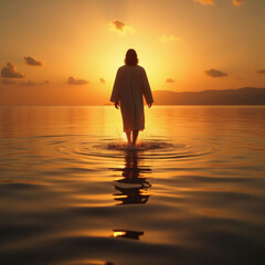 Silhouette of Jesus Walking on Water at Golden Sunset, Divine Miracle, Spiritual Faith, Christian Wallpaper, Supernatural Power
