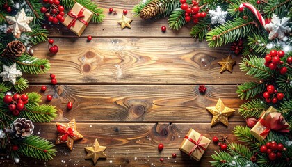 Christmas festive frame with pine branches gifts and ornaments on wooden background.