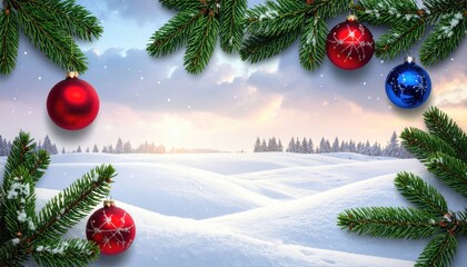 Festive Christmas Ornaments Frame Snowy Winter Landscape Scene.