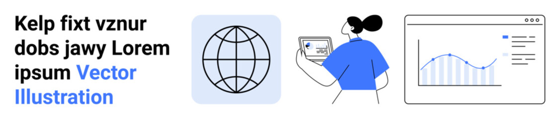 Global networking, digital communication, tech solutions, analytics, education, business strategy. Globe symbol, person using a tablet chart on a screen. Global networking and data solutions concept
