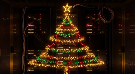 A tall illuminated christmas tree adorned with colorful lights and a star topper at night