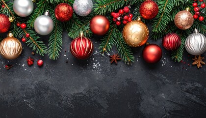 Festive Christmas Baubles and Evergreen Branches Border Decoration.