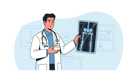 Orthopedic Doctor professional Holding Bone X-Ray Result &ndash; Professional Bone and Joint Diagnosis Vector Illustration for Medical Use