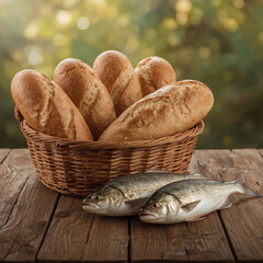 Biblical Miracle Loaves & Fishes High-Resolution  of Freshly Baked Bread and Whole Fish in a Rustic Wicker Basket