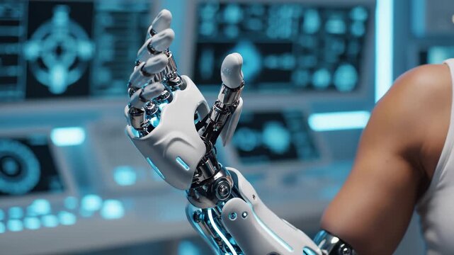 Bionic Arm Flexing Inside a Futuristic Research Lab