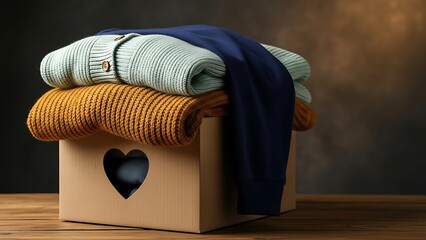 Warm winter clothes like knitted sweaters neatly folded in a cardboard donation box with a heart symbol, representing charity and giving
