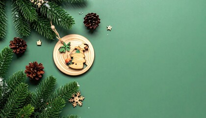 Minimalist Christmas arrangement with pine branches pine cones and wooden ornaments on green background.