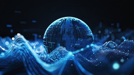 Digital globe with glowing blue lines and particles, representing interconnectedness and technology in a futuristic abstract design
