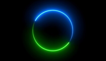 A vibrant neon circle, segmented into blue and green glowing sections, against a stark black background