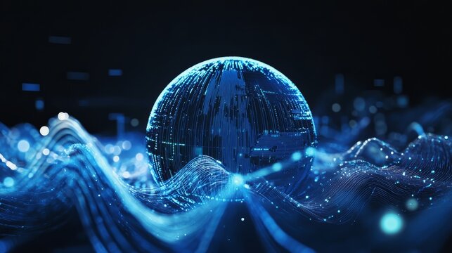 Digital globe with glowing blue lines and particles, representing interconnectedness and technology in a futuristic abstract design