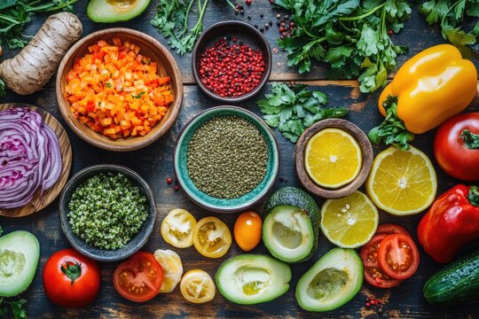 A vibrant and colorful array of fruits, vegetables, and spices, arranged on a dark wooden table.