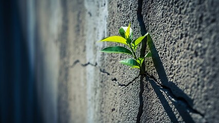 Resilient Life A Young Plant Thriving in a Crack of a Rough Concrete Wall, Symbolizing Growth and Perseverance
