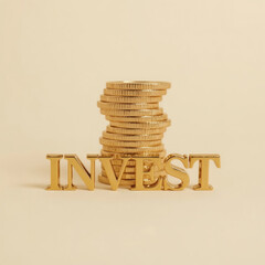 Shiny Gold Coins Stack with INVEST Text, Wealth, Financial Growth, Prosperity, Luxury Investment Concept