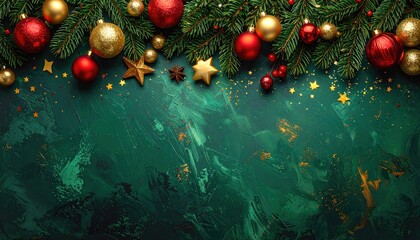 Festive Christmas background with fir branches red and gold ornaments and sparkling stars.