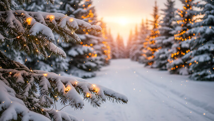 Fototapeta premium Christmas background banner with a winter alley among snow-covered fir trees with christmas lights in soft garland light, Christmas / New Year / Winter Holiday Background