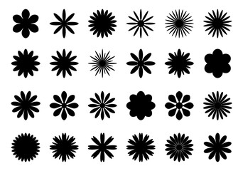 A set of black silhouettes of flowers, botanical elements of a blooming shape, vector, flat design. A collection of simple flower daisy icons for design, decoration, labels, isolated on a white
