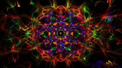 Colorful abstract digital illustration featuring intricate patterns and vibrant light trails, creating a mesmerizing mandala effect with a dark background