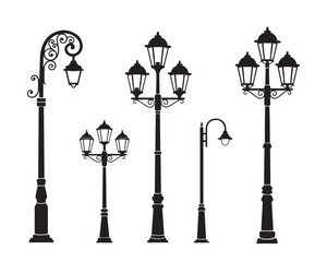 Vintage street lamp silhouette set. Retro Victorian garden lantern and old urban light post icons.