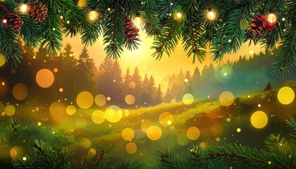 Magical Enchanted Forest Scene with Glowing Fairy Lights and Warm Sunset Glow.