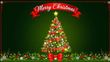 Elegant Merry Christmas Tree Decorated with Ornaments and Ribbons on a Dark Green Background with Festive Border