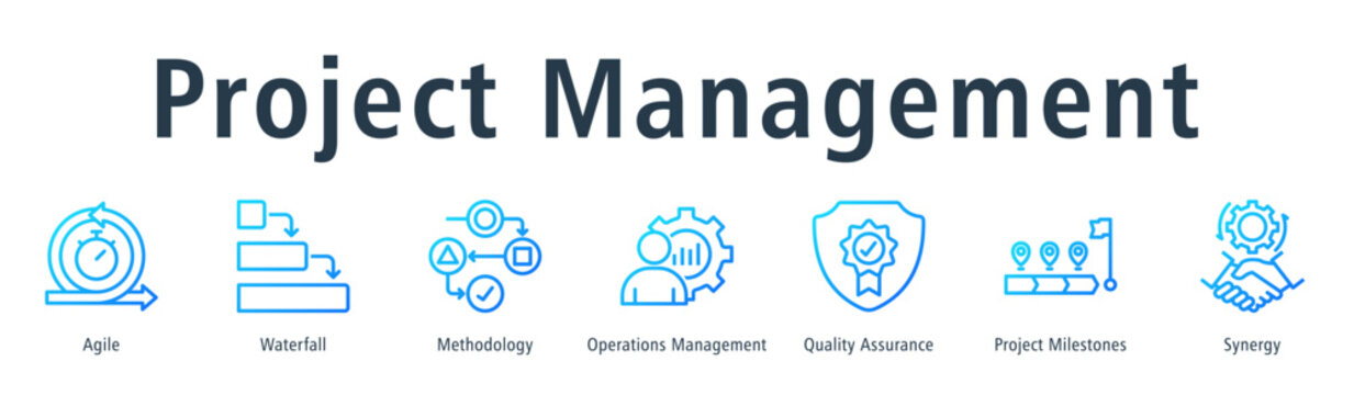 Project management web banner icon vector illustration concept with icon of agile, waterfall, methodology, operations management, quality assurance, project milestones, and synergy.