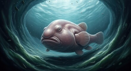 Captivating deep-sea blobfish portrait with ethereal blue water surroundings and textural aquatic