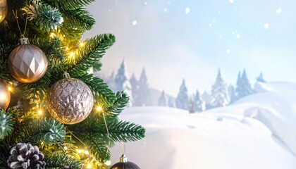 Beautifully decorated Christmas tree with golden ornaments and snowy winter forest background.