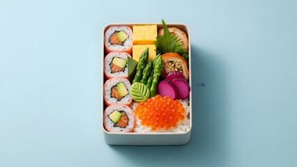 Japanese Premium Bento Box with Salmon Avocado Rolls, Ikura (Salmon Roe) on Rice, Tamagoyaki, Asparagus, and Pickled Vegetables
