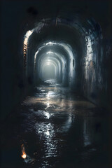Naklejka premium Dark damp underground tunnel with water reflecting light from the distant end