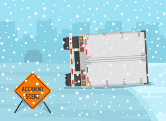 Car driving rules and tips in winter season. Traffic accident scene. Heavy vehicle overturned on slippery road. Back view. Flat vector illustration template.