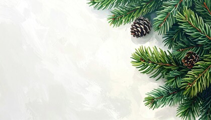Close up of evergreen pine branches with pinecones on a textured background.
