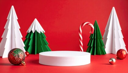 Minimalist Christmas scene with podium and festive decorations for product display.