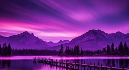 Tranquil purple hued landscape featuring a serene lake and majestic mountains under a pastel sky