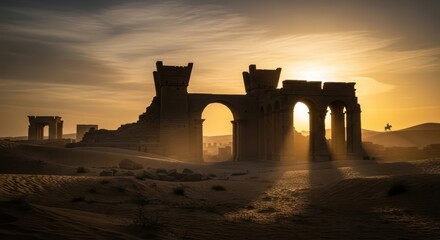Fototapeta premium Ancient ruins silhouette at sunset, a majestic desert landscape with dramatic light