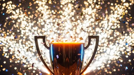 Golden champion trophy cup shining brightly against a background of explosive fireworks and falling confetti, symbolizing success and victory