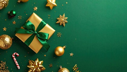 Elegant gold gift box with green ribbon surrounded by festive Christmas ornaments and sparkling confetti on a dark green background.