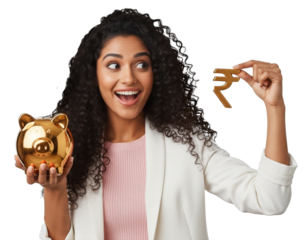 Happy woman saving Indian rupees in piggy bank