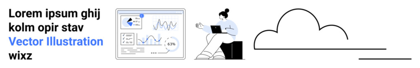 Data analytics, cloud computing, remote work, digital transformation, online storage, information management. Woman working on a laptop, data charts and cloud graphics. Data analytics and cloud