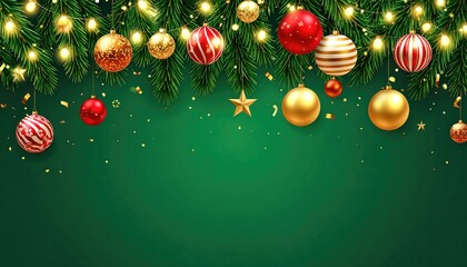 Festive Christmas border with pine branches ornaments and lights.