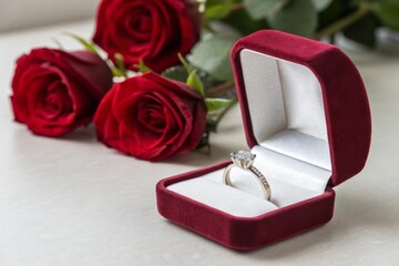 Elegant diamond ring in red velvet box with roses on a light background for romantic occasions