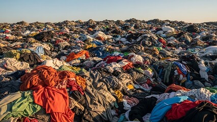 Pile of discarded clothes in a landfill, environmental pollution and waste management, global overconsumption