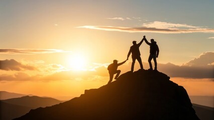 Group of climbers celebrating teamwork on mountain peak during sunset with beautiful sky