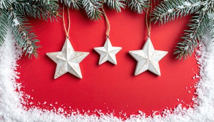 Festive Christmas star ornaments hanging on snowy pine branches against a red background.